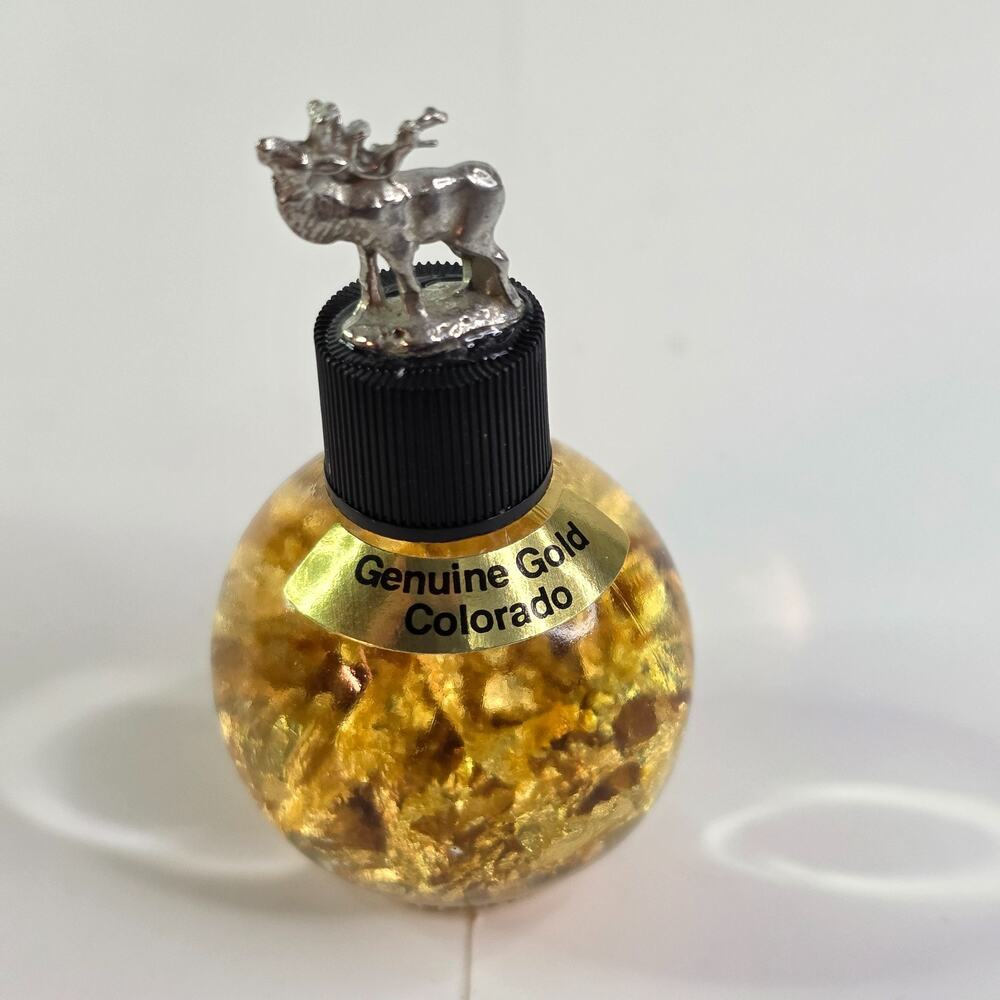 Genuine Gold Colorado Gold Foil Flake In Glass Bottle with Elk Topper Keepsake